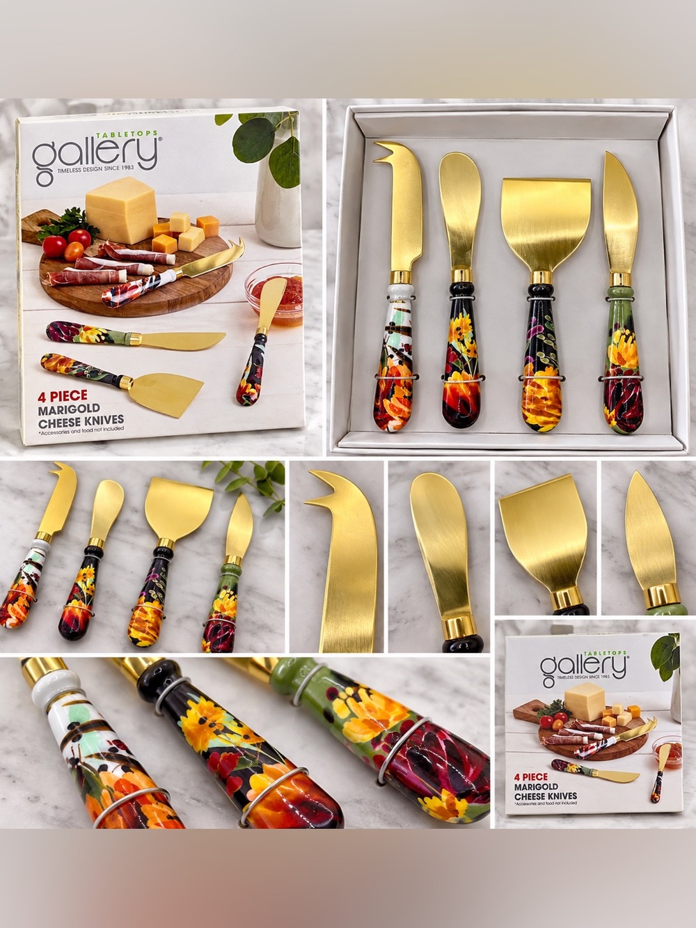 Gallery Marigold 4-Piece Gold Cheese Knife Set - Floral Handles